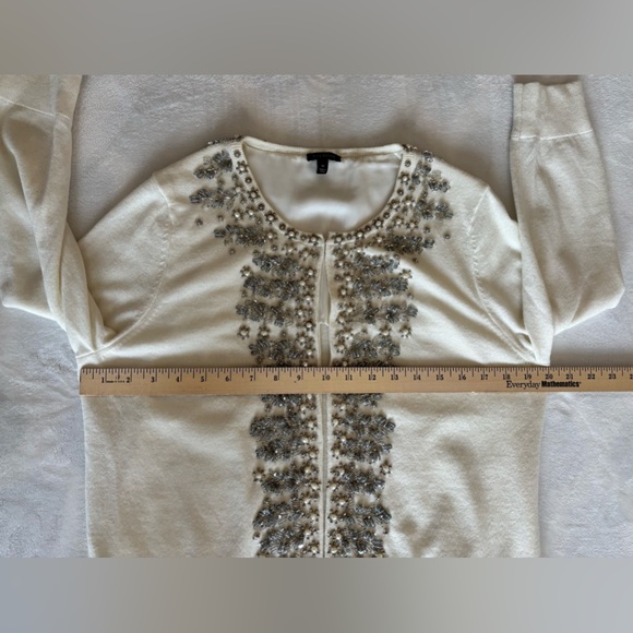 Talbots Cardigan Cream Silver Embellishments Open Front Embroidered Wool Size M - Picture 6 of 10
